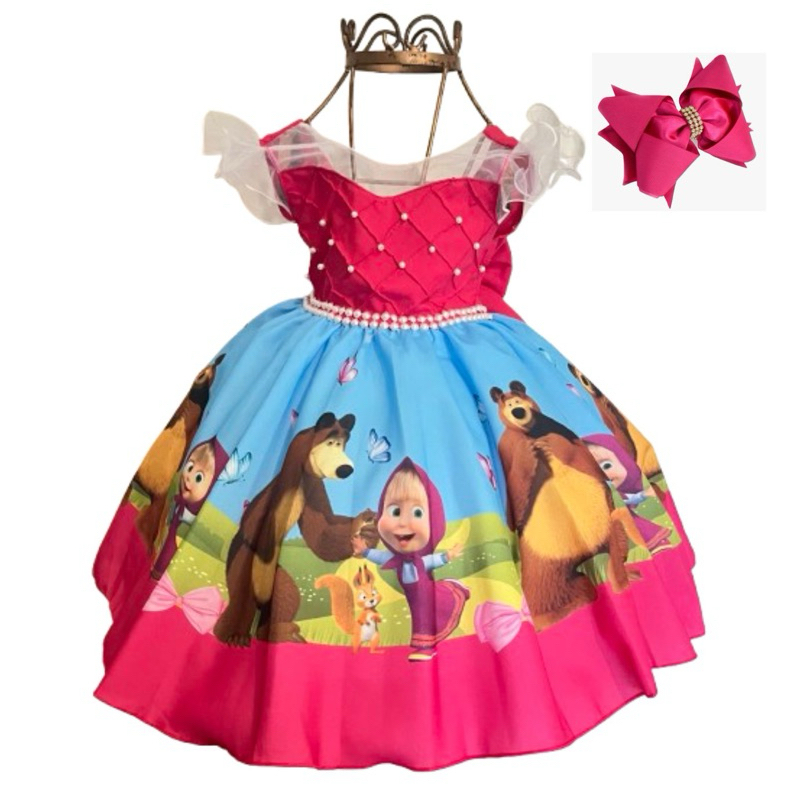 Vestido Infantil Luxo Marsha e Urso  com laço de cabelo MU002 em Oferta na Shopee