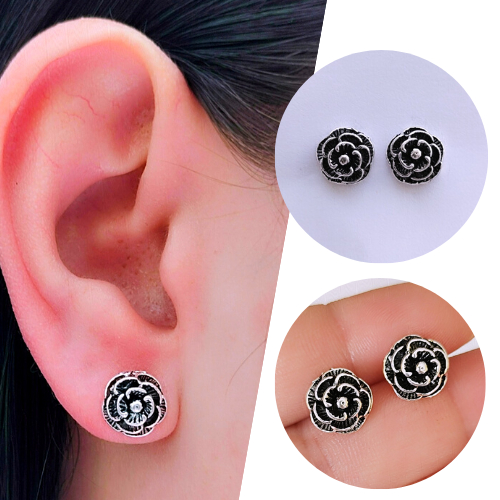 Brinco Rosa Flor Bali Prata Envelhecido 925 Banhada