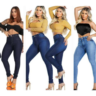 Kit 3 Calças Jeans Feminina Cintura Alta com Elastano lançamento levanta bumbum em Oferta na Shopee