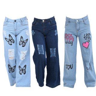Kit 3 Calças Jeans Menina Wide Leg Infantil e Juvenil