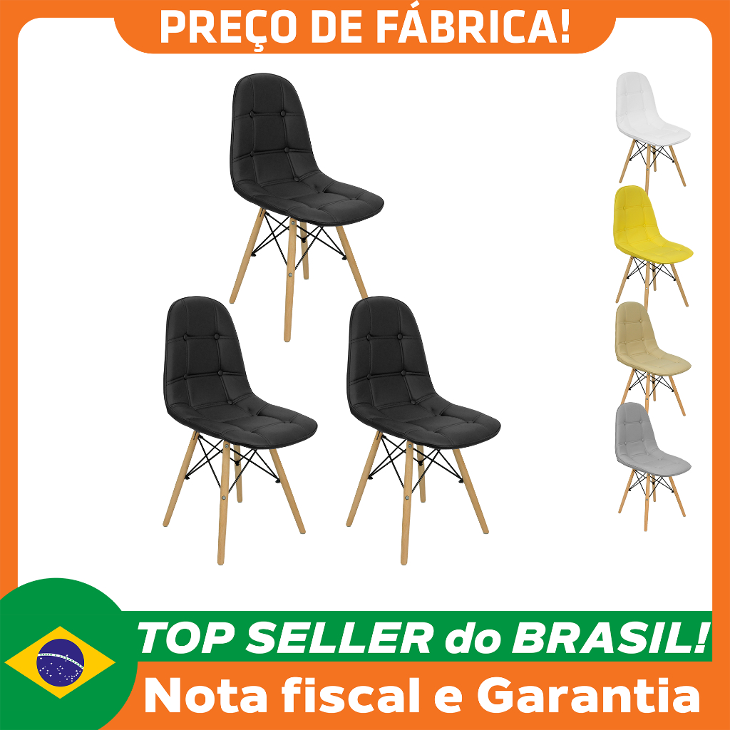 Kit 3 Cadeiras Charles Eames Botonê Eiffel Wood Estofada Couro