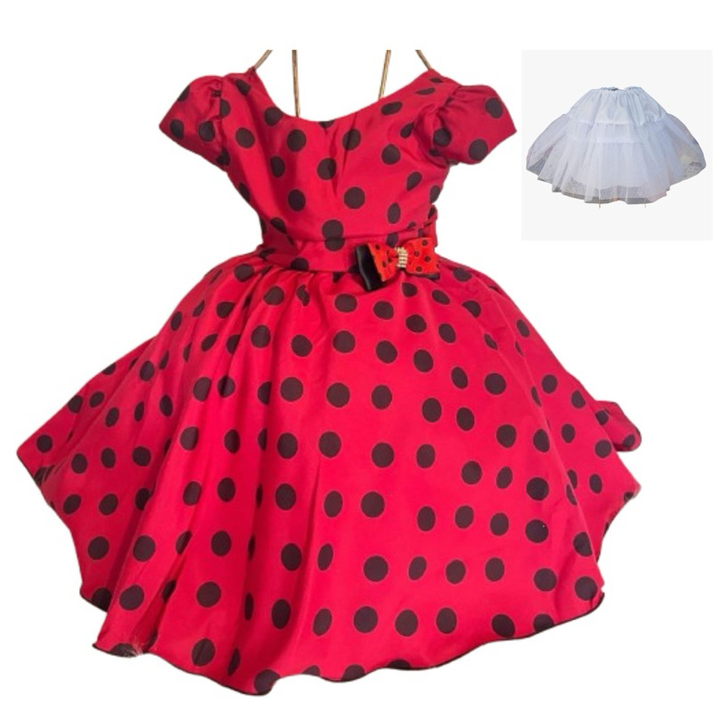 Vestido infantil JOANINHA LADYBUG Minnie BOLINHA PRETA  com SAIOTE E 2   LACINHOS  JM0077