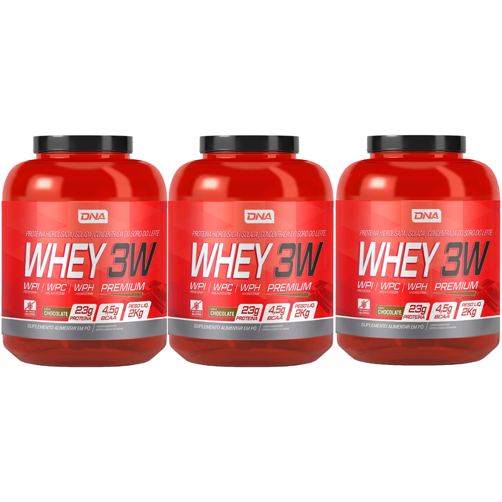 Kit 3x Whey 3W 2kg Sabor Chocolate - Proteína Completa para Treino | DNA Suplemento