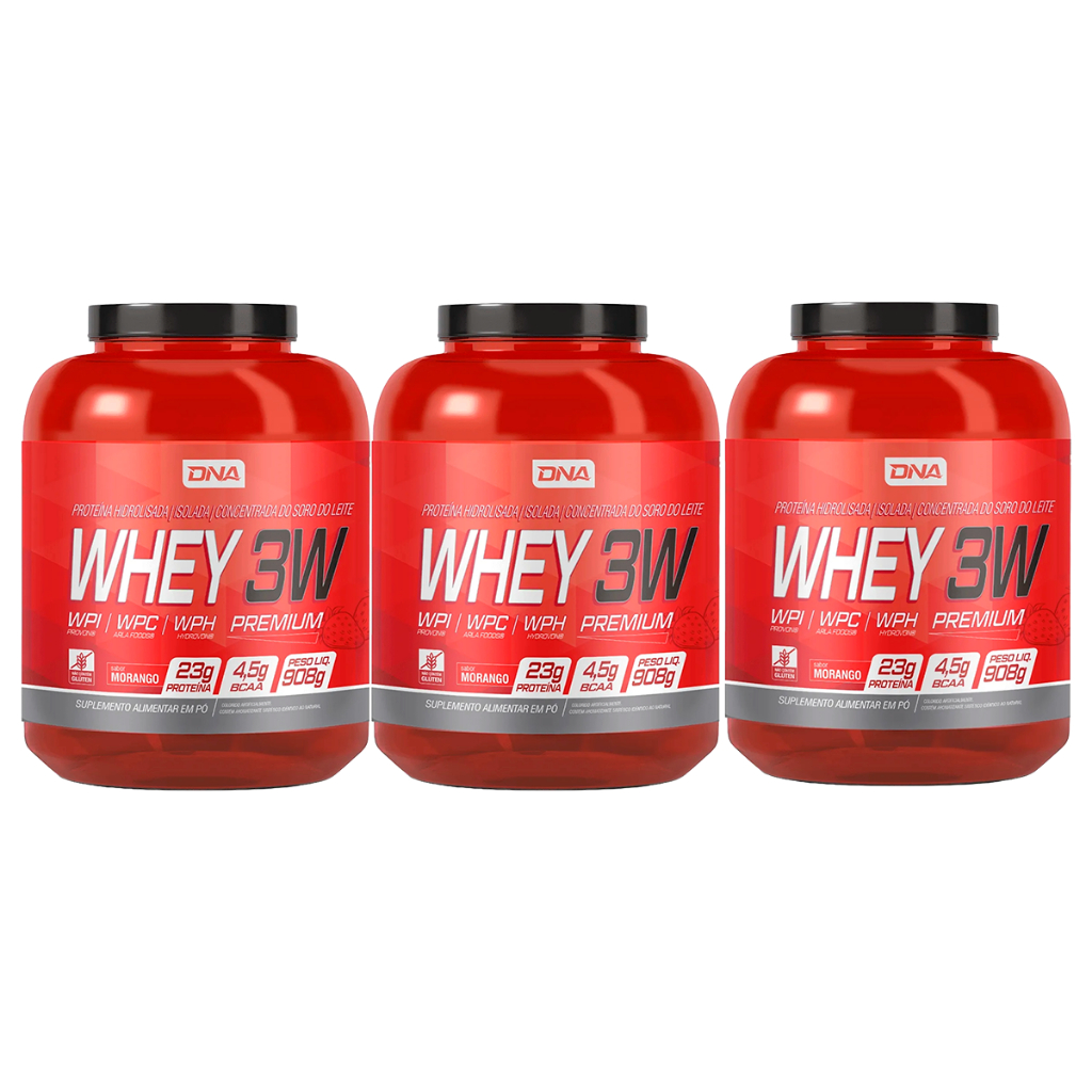 Kit 3x Whey 3W 908g Sabor Morango - Proteína Completa para Treino | DNA Suplemento