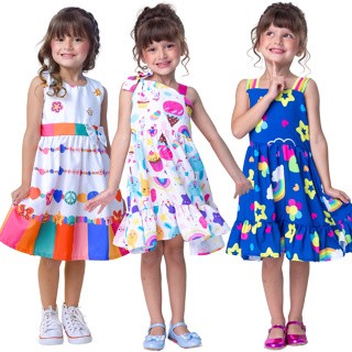Vestido Infantil Menina Estampado E Liso Com Laço Rodado Colorido Para Festa em Oferta na Shopee