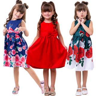 Vestido Infantil Menina Estampado e Liso com Laço Colorido Rodado para Festa