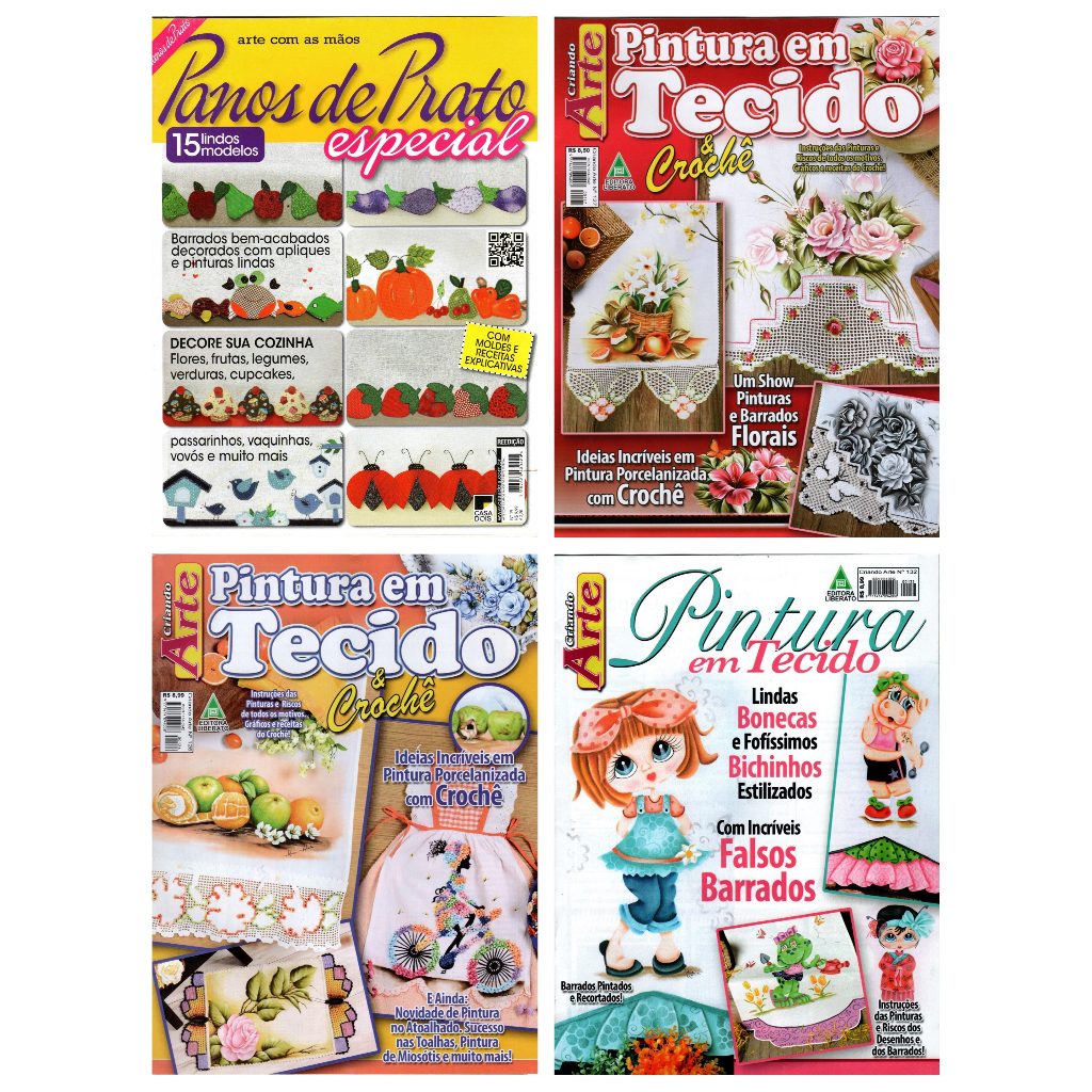 Kit 4 Revistas Pintura Em Tecido Panos De Prato