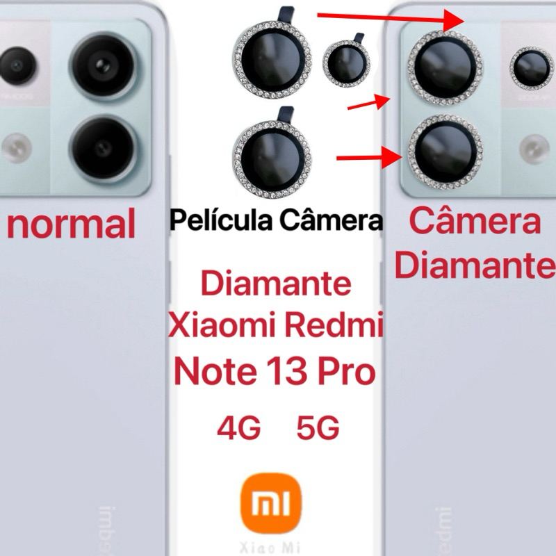Kit 3pcs Película Câmera Diamonte Xiaomi Redmi Note 13 Pro 4G 5G Brilhente Anti Risco Protetor da Lente com Strass