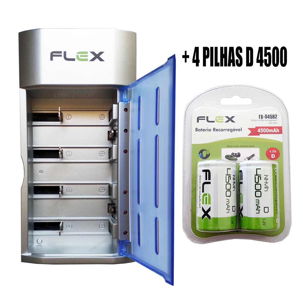 Carregador ou Pilhas Recarregáveis Flex Tipo D Grande 4500mAh NFe Lr20 Original FX-D45B FX C06