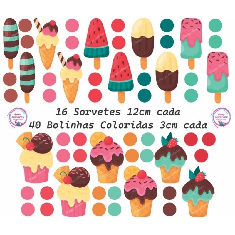 Kit 56 Adesivos Sorvetes Picolés Colante Sorveteria Decoração Vitrine Loja Sorvete Açaí Doceria Parede Porta Vidro