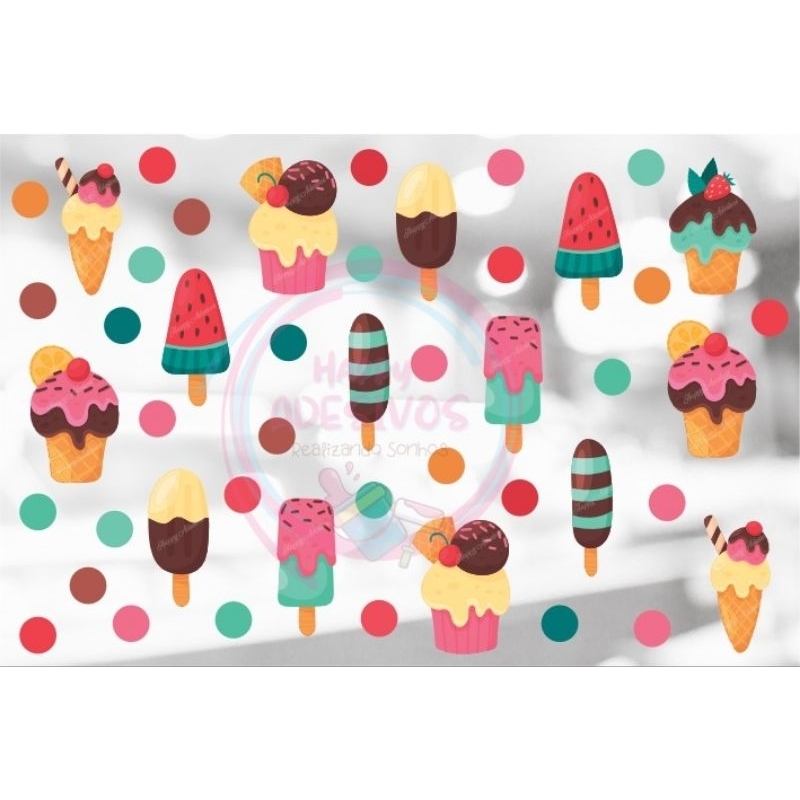 Adesivo Colante Sorvete Decoração Sorveteria Picolés Açaí Confeitaria Vitrine Doceria Kit Doces Loja Porta Vidro