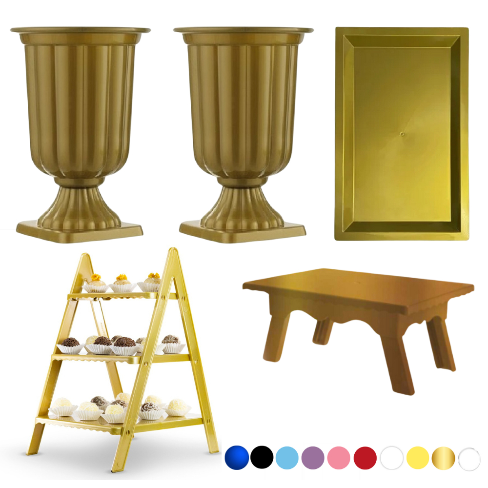 Kit Decoração Escadinha +  Vaso +  Mesinha +  Bandeja Retangular P/ Bolo Doces Lembrancinha Festa