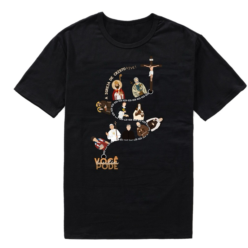 Camiseta Católica Unissex Igreja de Cristo e Caminho da Santidade São Tomás de Aquino Santo Agostinho Padre Pio Carlo