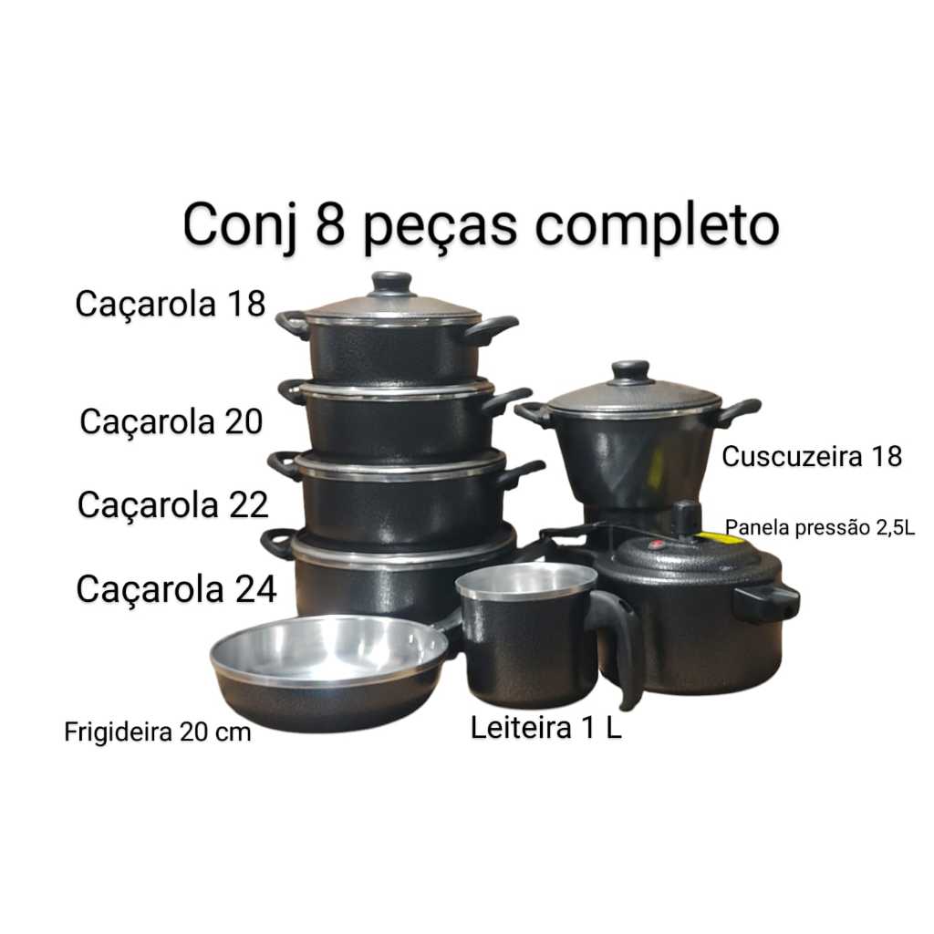 CONJUNTO Completo 8 Peças:4 PANELAS+1 PANELA DE PRESSÃO 2,5L+1 FRIGIDEIRA+1 LEITEIRA+1 CUSCUZEIRA18