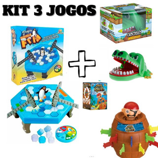 Kit 3 Jogos Infantis  Crocodilo + Pirata + Pinguim Morde Dedo Pula Barril Quebra Gelo Brinquedos