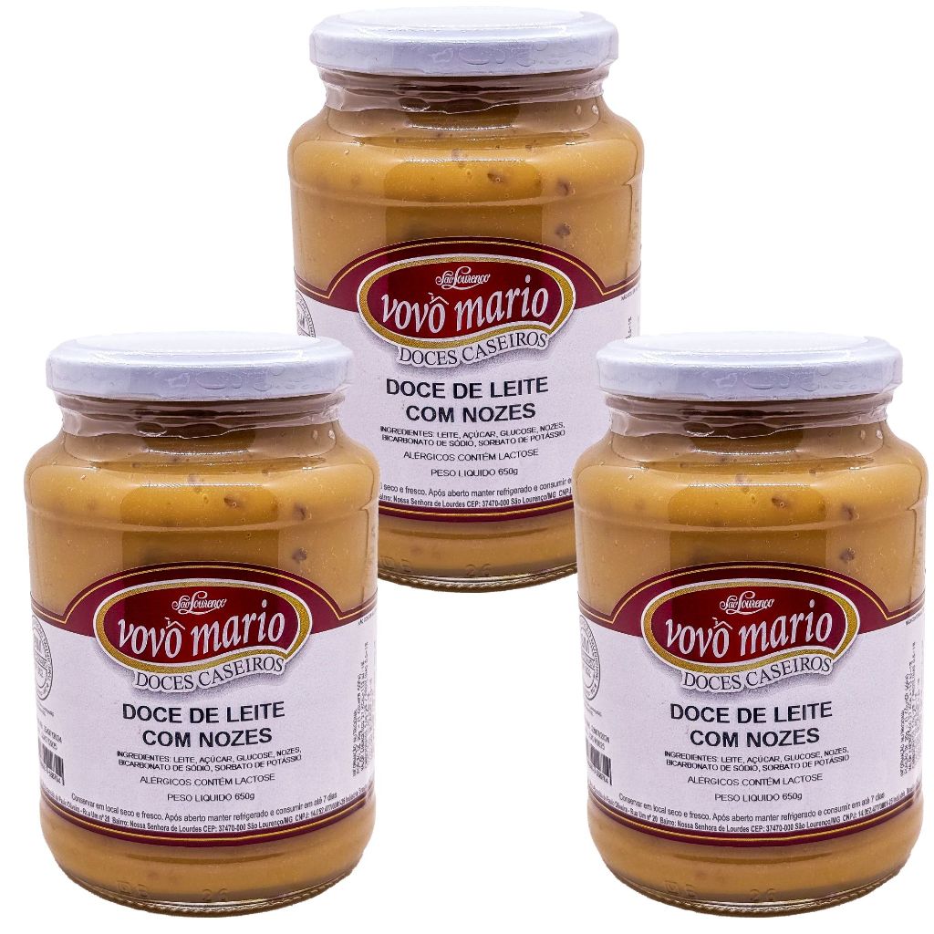 Doce de Leite com Nozes com Açúcar Sem Glúten Pote 650g​ Doce Vovô Mário Kit com 3 unidades