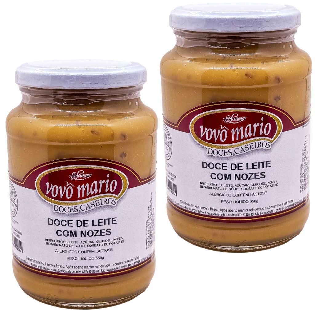 Doce de Leite com Nozes com Açúcar Sem Glúten Pote 650g​ Doce Vovô Mário kit com 2 unidades