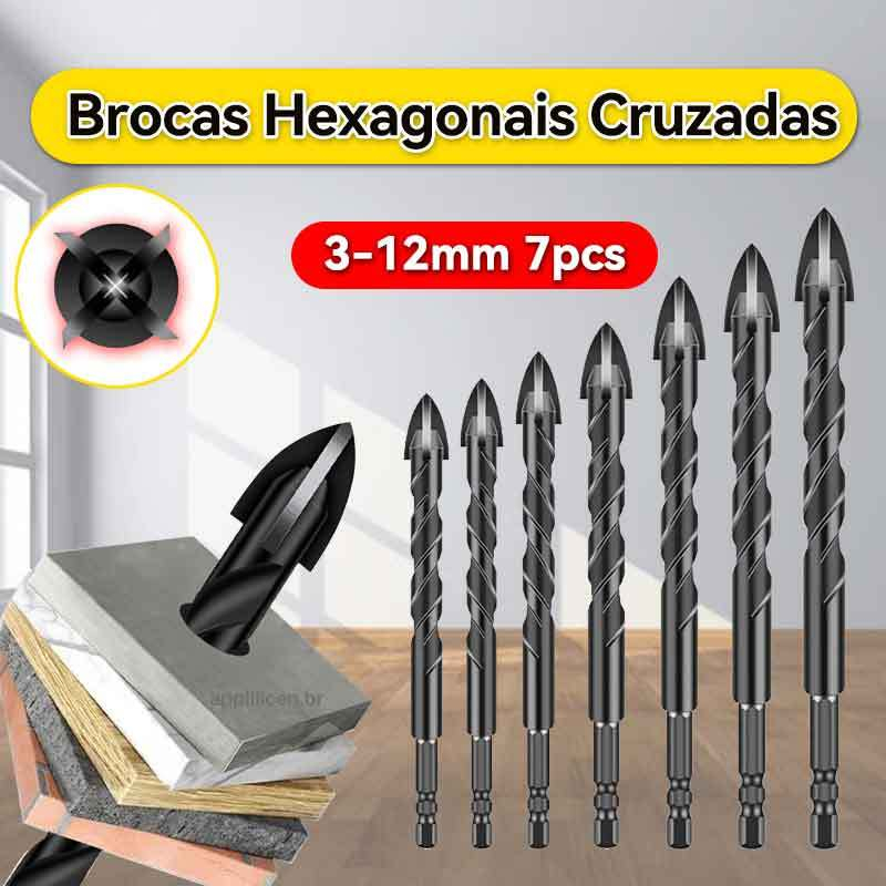 Brocas Hexagonais Cruzadas 3-12mm para Furo em Concreto, Cerâmica e Vidro, Triangular em Liga Dura