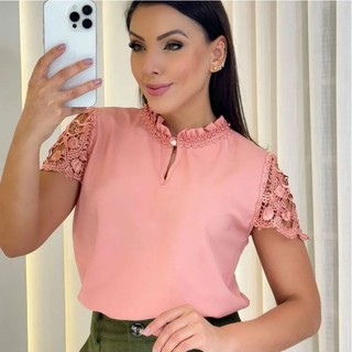 Blusa feminina 88 , blusa social manga curta elegante com renda bordada é aplicação de pérolas