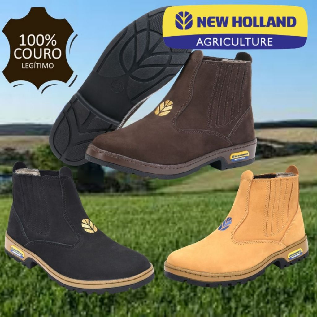 BOTINA NEW HOLLAND COURO NOBUCK LEGITIMO MASCULINA E FEMININA AMAREL MARROM E PRETA em Oferta na Shopee