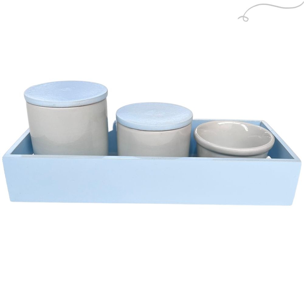 Kit Bebê Higiene Porcelana Bandeja Pinus 5 Peças Branco E Azul Organizador Quarto Maternidade Menino