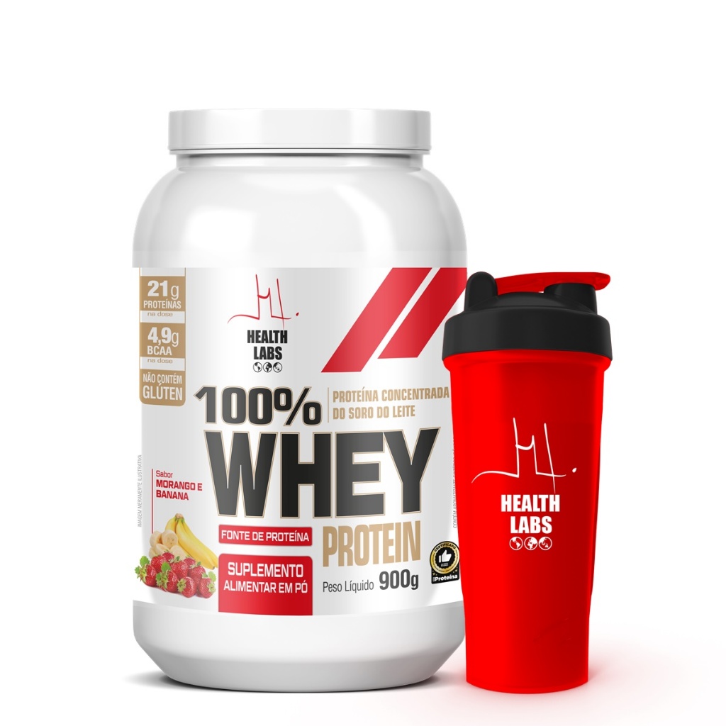 100% Whey Protein 900g Morango e Banana + Coqueteleira - Health Labs