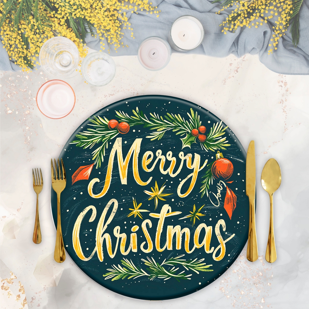 Jogo Capas Para Sousplat Em Tecido - Merry Christmas Verde 6 peças