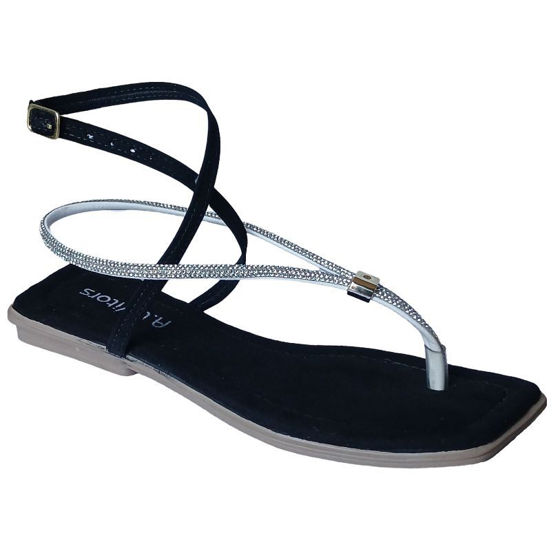 Sandália Feminina Cruzada Ouro ou Preta com Strass e Fivela