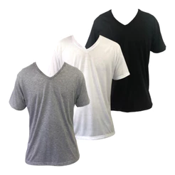Kit 3 camisetas masculinas GOLA V PRETO, BRANCO E CINZA MESCLA 100% poliéster para sublimar