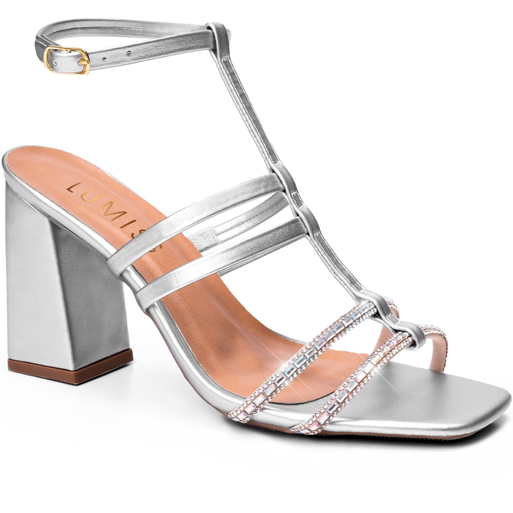 Sandália Feminina Lumiss Salto Alto Bloco Bico Quadrado Blogueira Brilho Strass