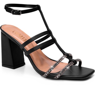 Sandália Feminina Lumiss Blogueira Brilho Strass Salto Alto Bloco Bico Quadrado Preto em Oferta na Shopee