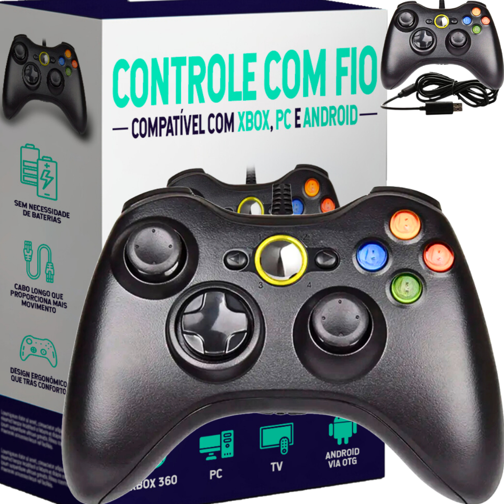Controle De Xbox 360 Com Fio Para Video Game e PC/ Fat E Pc Joystick Jogo