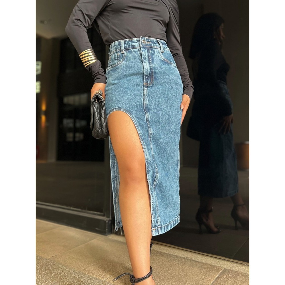Saia Jeans Midi Feminina Longa Cintura Alta Design de fenda Divisão unilateral da coxa em Oferta na Shopee