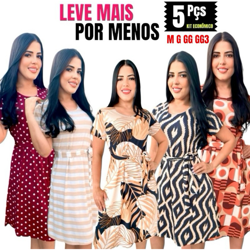 kit 5 Vestidos Femininos Malha Fria Evangélico Elegante Soltinho Manga Curta G GG