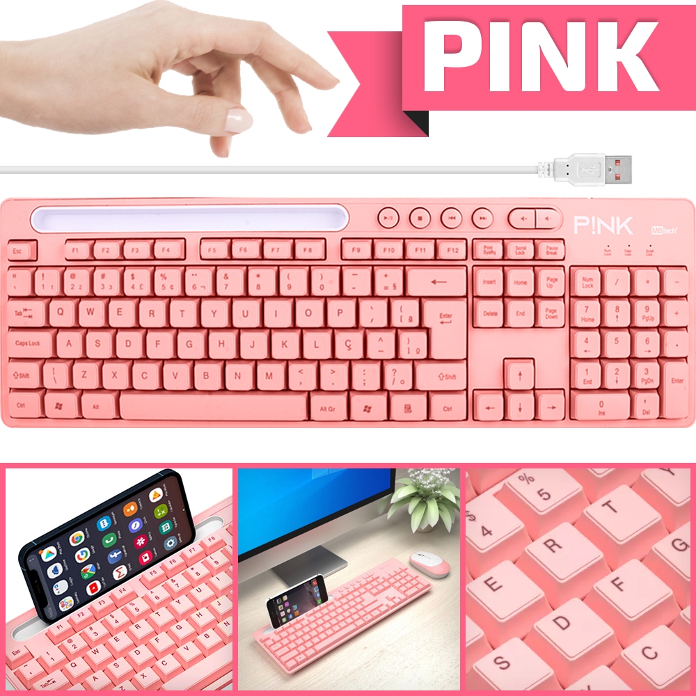 Teclado Usb Pc Computador Português Qwerty Teclas Macias Silencioso Multimidia Pink Rosa Jogos