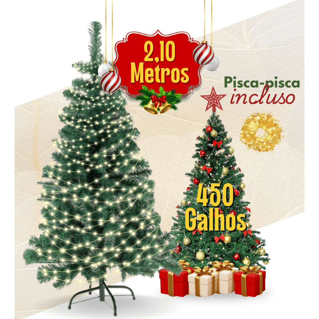 Árvore de Natal 2,10 Metros Grande Luxo + Pisca-pisca 8 Funções 450 Galhos Cheios Pinheiro Tradicional Linha Premium