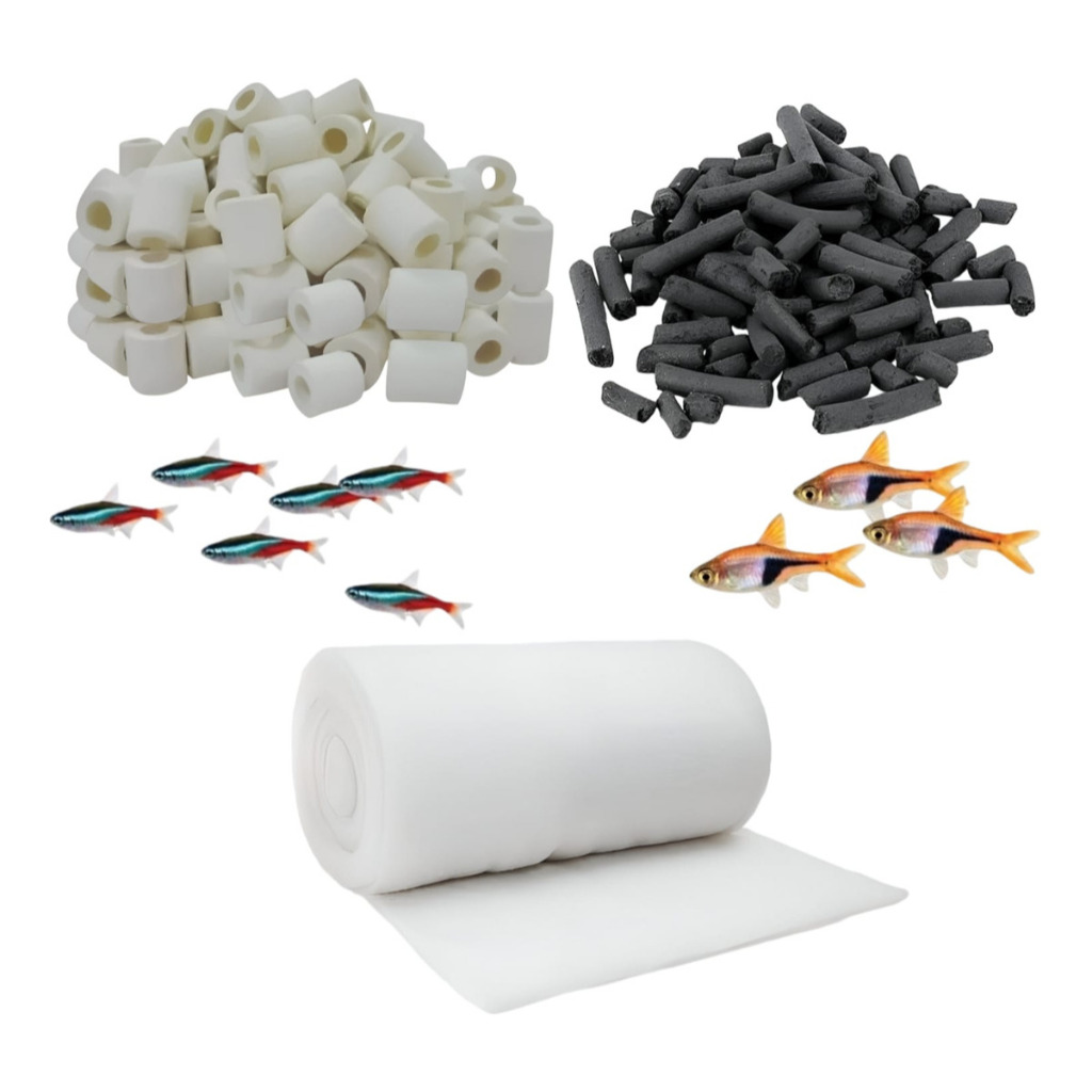 Kit Mídias Filtrantes Cerâmica 1kg Carvão Ativado 1kg Manta Filtragem Aquario Lago Água Doce Marinho