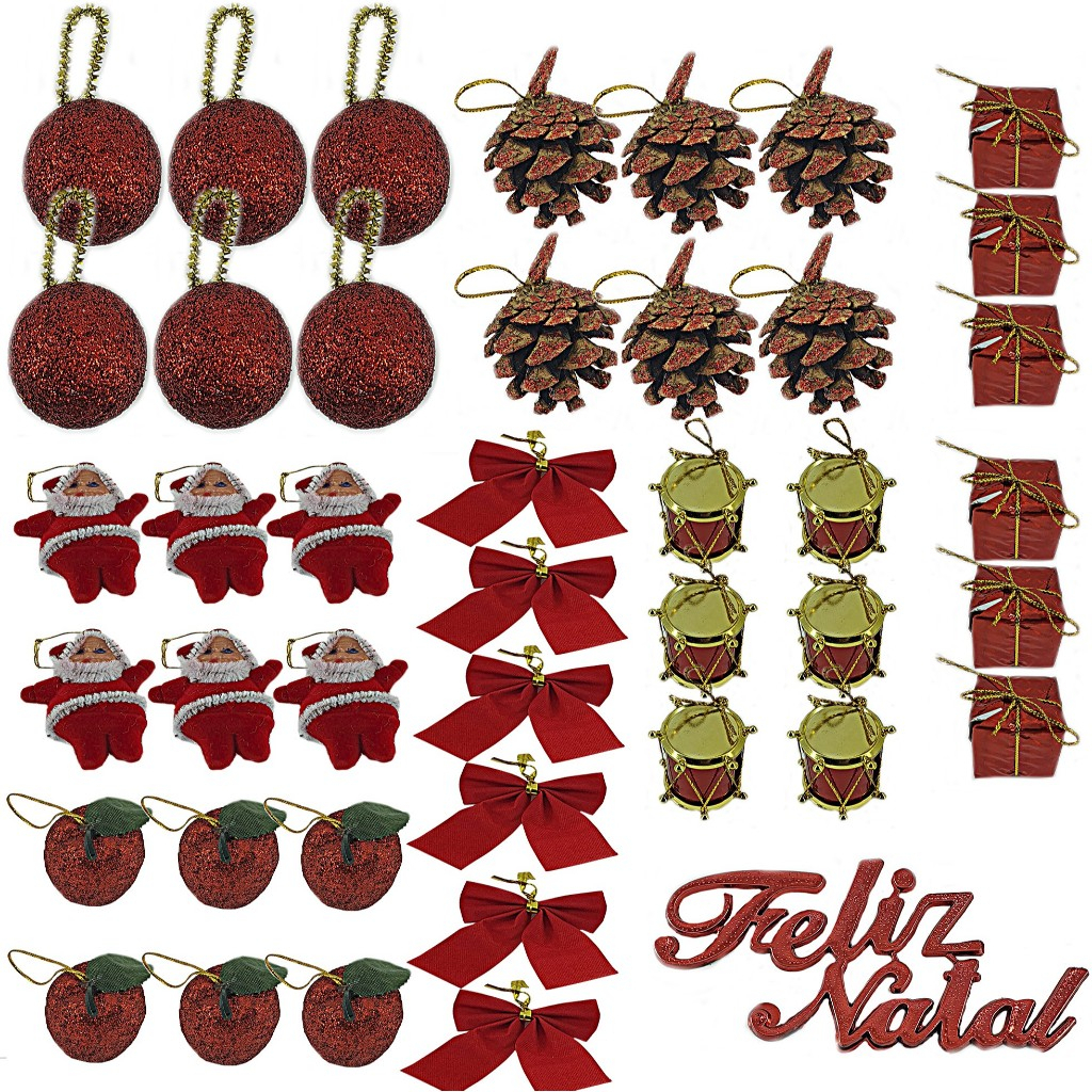 Kit 43 Enfeites De Natal de pendurar pendente para arvore bolinhas natalino Vermelho Dourado e Prata