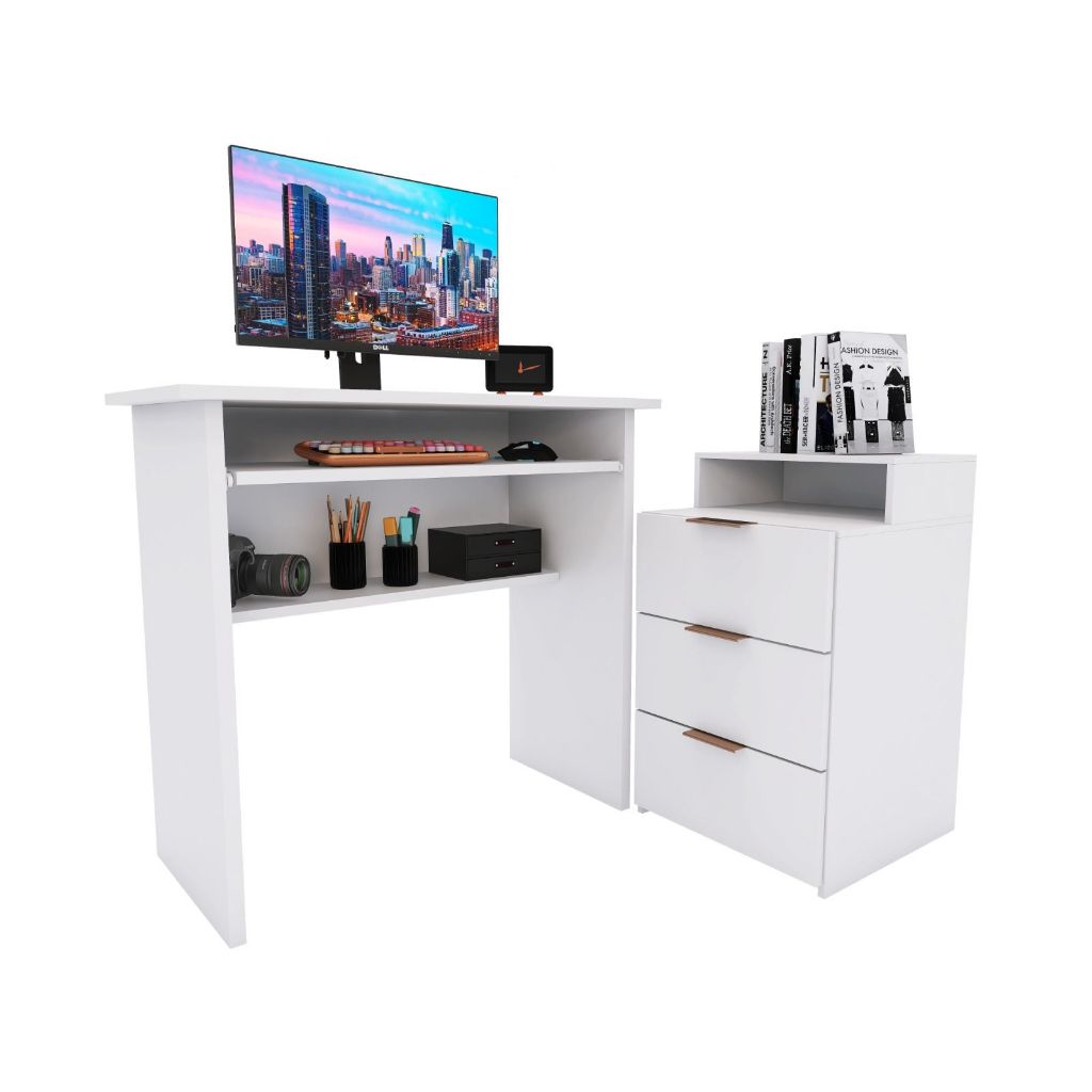 Conjunto Mesa Escrivaninha Com Gaveteiro 3 Gavetas Branco Organizadora