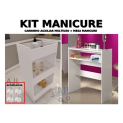 Kit Branco Manicure Mesa Multiuso + Carrinho Expositor
