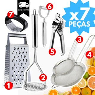 Kit Cozinha 7 Peças INOX Descascador +Amassador Batata Alho + Ralador + Espremedor Limão+ ...