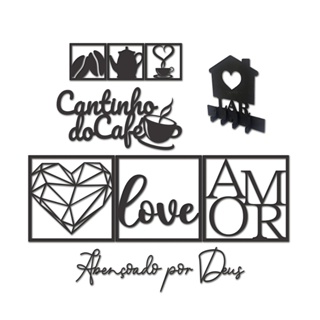 Conjunto Decorativo em MDF Preto - 6 Placas + Letreiros para Cantinho do Café e Amor com Fita 3M em Oferta na Shopee