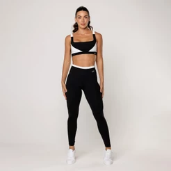 Conjunto Feminino Academia Top Preto com Recorte Branco Legging Fitness Elevate