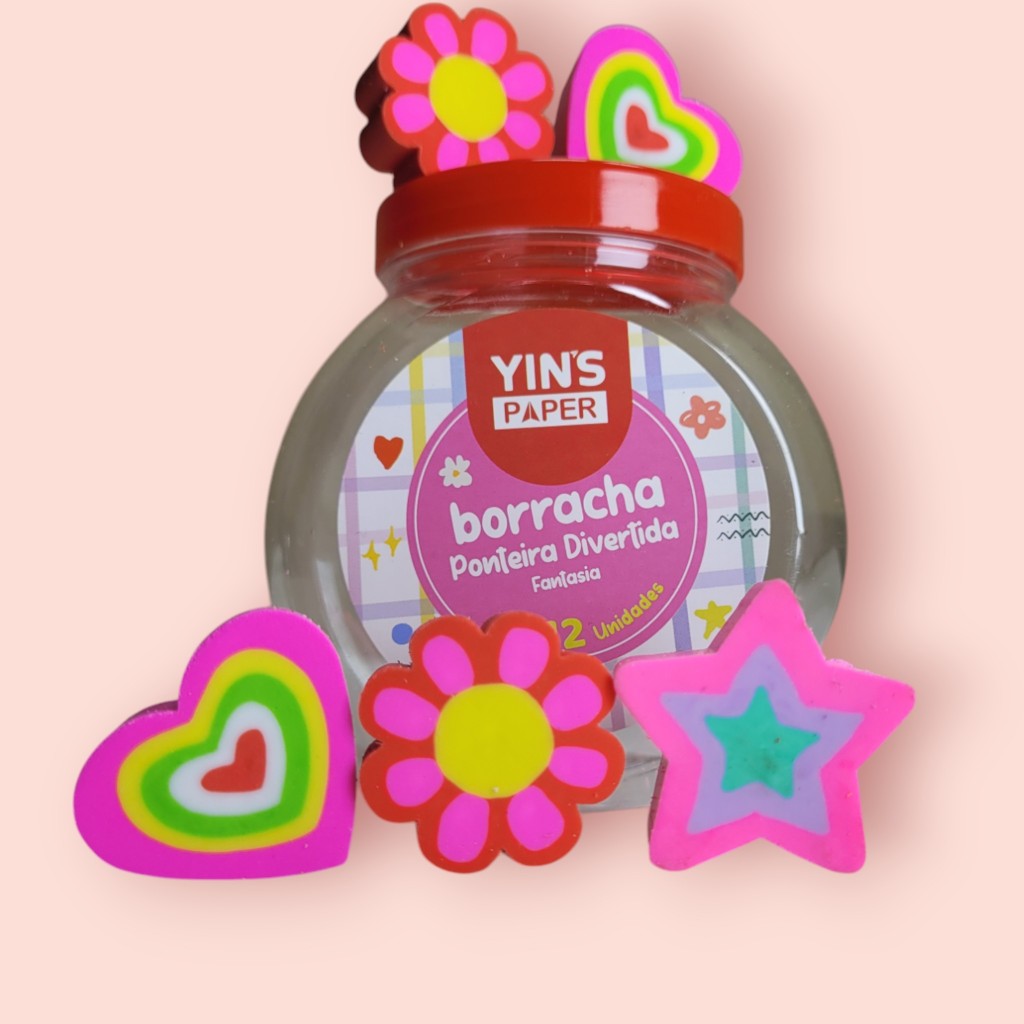 Pote com 12 Borracha Ponteira Ponta de Lápis/Flor-Estrela-Coração/Bolas- Mini Borrachas com 25 unidades @