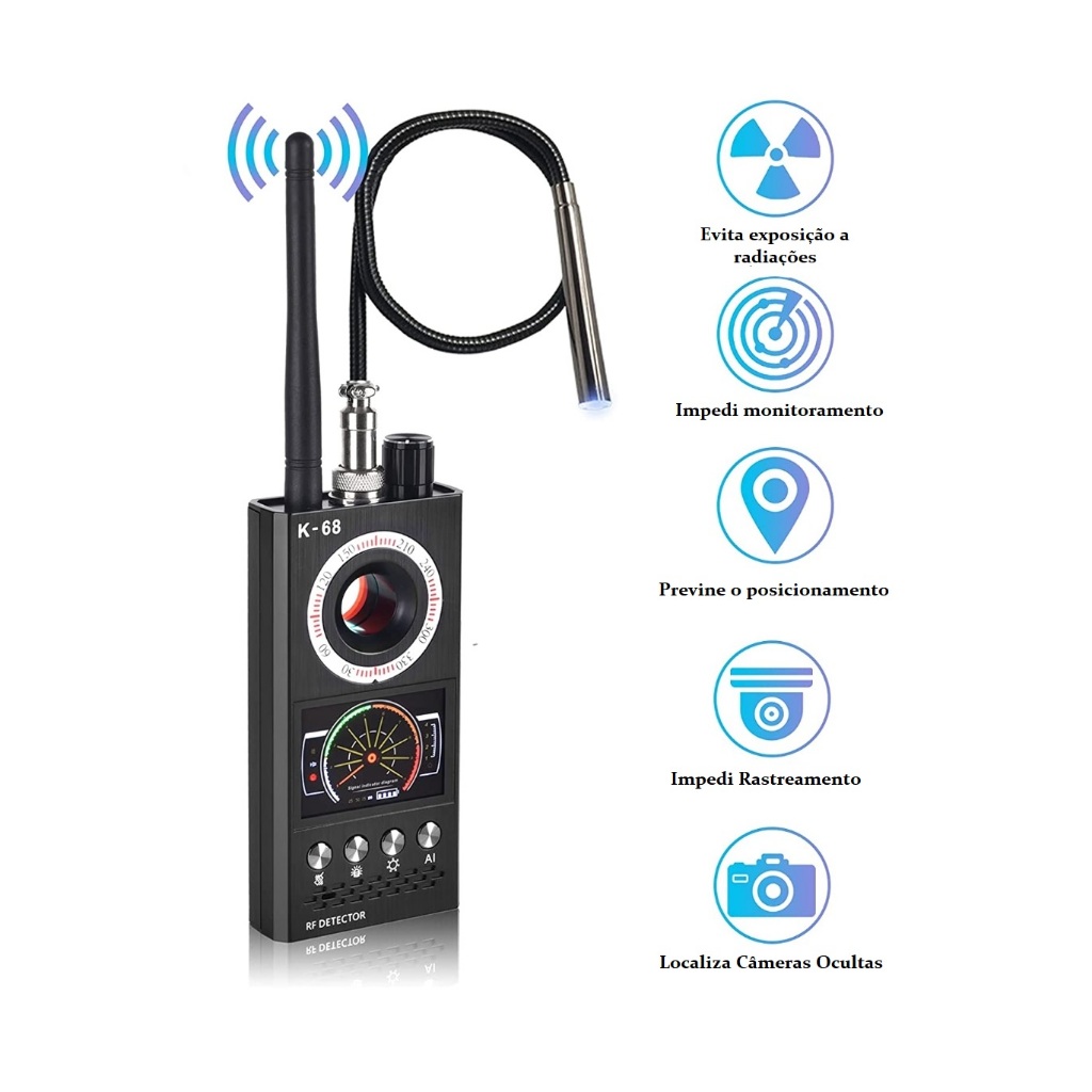 Localizador De Câmeras Escutas Espião Grampos Detector Rastreador GPS K68 Vassourinha Detector