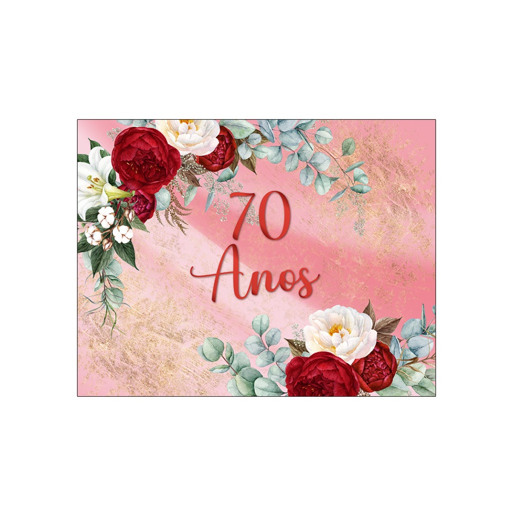 Painel de Festa Horizontal 1,55 X 1,20 - 70 Anos Floral Efeito Mármore Rosa 260