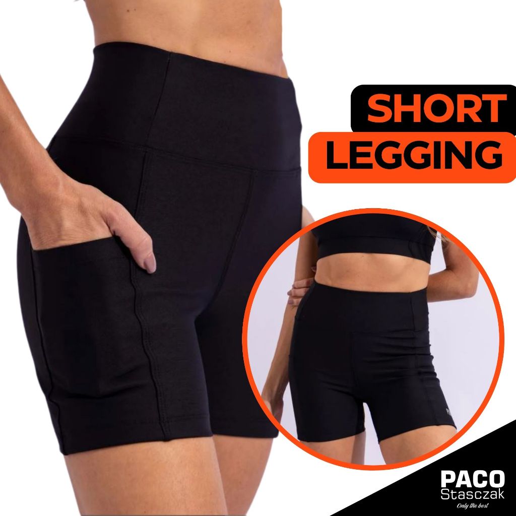 Short Fitness com Bolsos Laterais Cós Alto de Alta Compressão Poliéster Curto