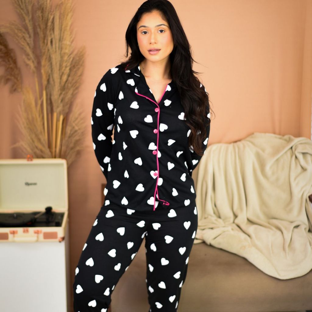 Pijama Americano Adulto Inverno Feminino Longo Com Botões Calça e Blusa Comprido de Frio Amamentação