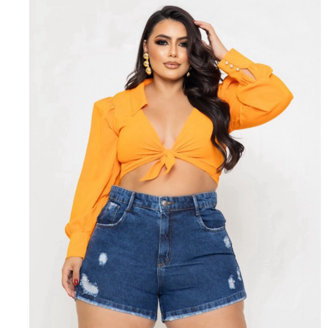 Short Jeans Plus Size Cintura Alta Marmorizado Destroyed Com Forro em Oferta na Shopee