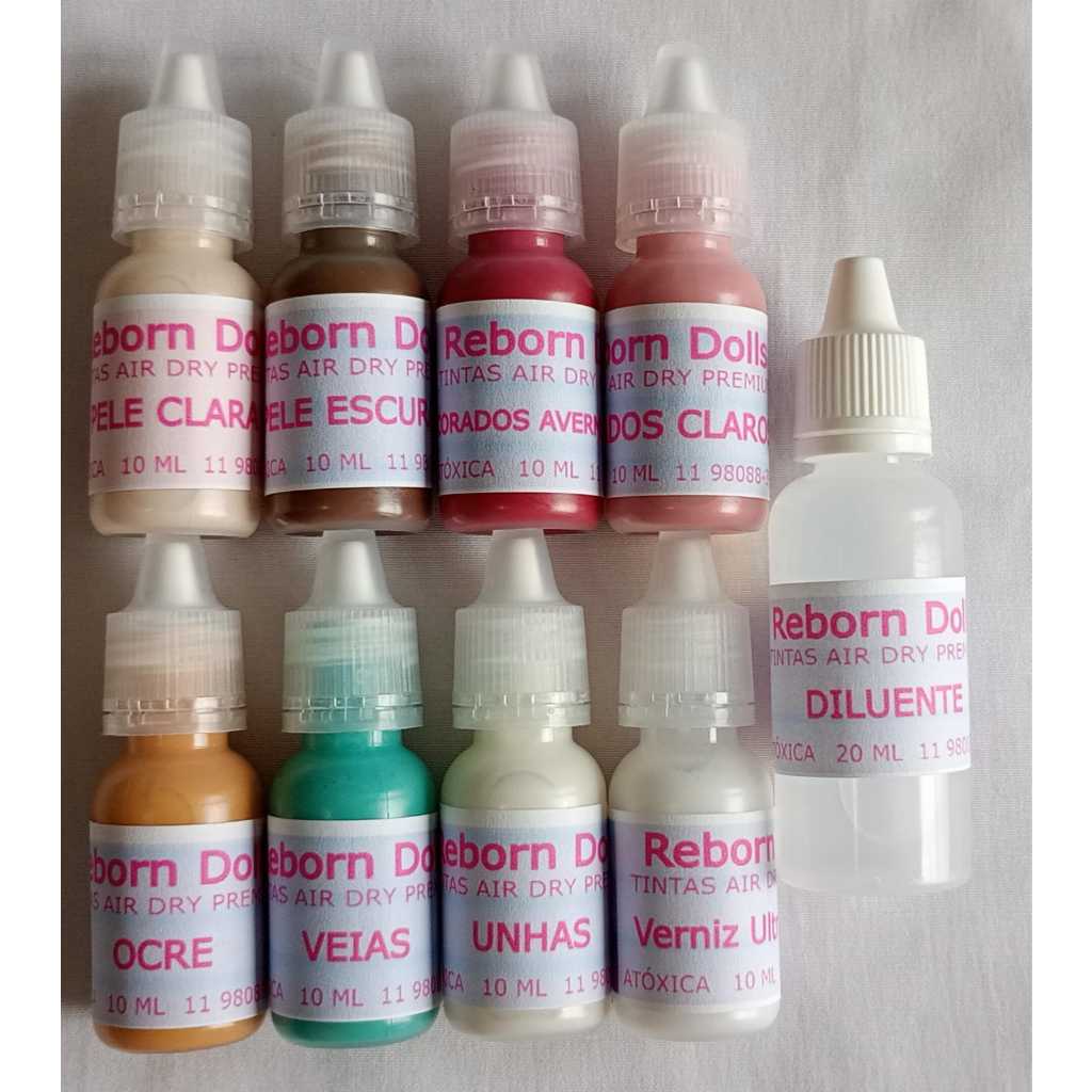 Kit de Tintas Air Dry Premium Bebê Reborn Com 7 Cores Concentradas + Verniz 10ml e Diluente 10 ml de brinde.